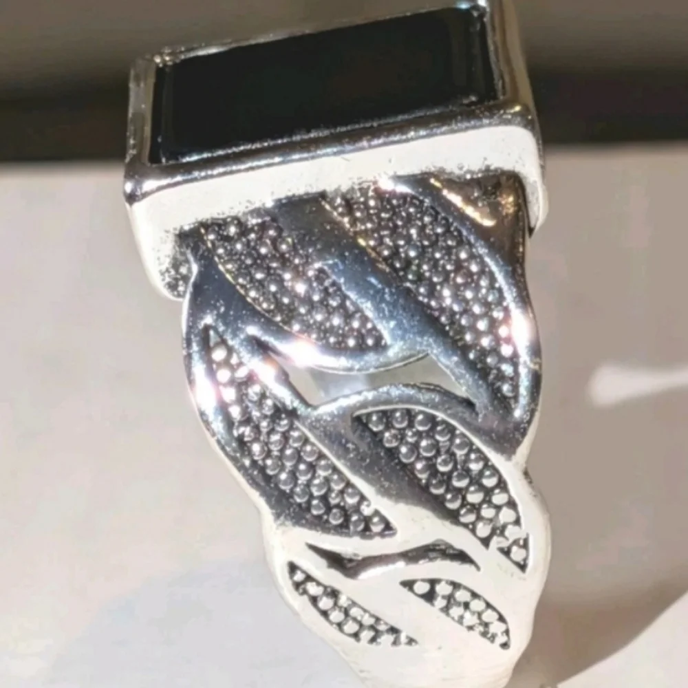 14k White gold Plated Over Sterling silver Turkish Gemstone Black Onyx Mens Ring
